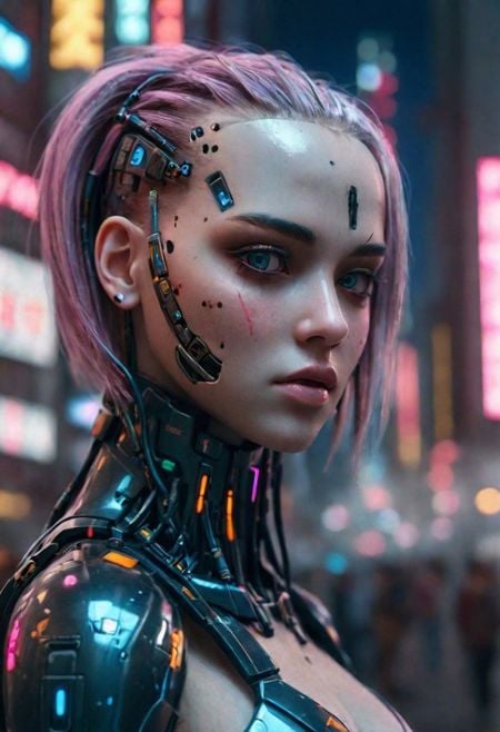 Girl Android in city Cyberpunk, ultrarealist,  very detailed,  8k , 35mm,  detailed face, detailed background 