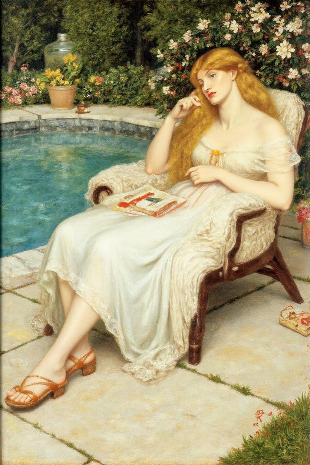 dgr painting.A blonde woman relaxing on a lawn chair beside a swimming pool. by NowhereManGo on Tensor.Art