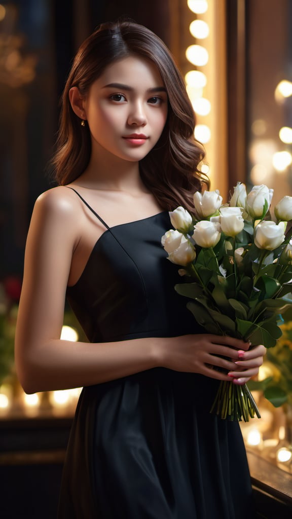 (photorealistic, masterpiece, best quality, highly detailed),1girl,8k wallpaper,extremely detailed figure, amazing beauty, detailed characters, indoor,black dress, holding flowers, light and shadow, depth of field, light spot, reflection,upper body,nigth,street, <lora:IVI2:0.7>