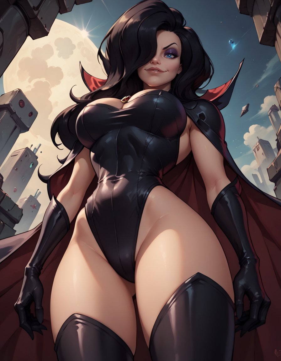 score_9, score_8_up, score_7_up,1girl, solo,large breasts,DqueenDG,long hair, black hair, eyeshadow, blue eyes, hair over one eye, black gloves, black leotard, cape, high collar, from below, smug,science fiction, <lora:Dark Queen  DG PXL v01-000003:1>