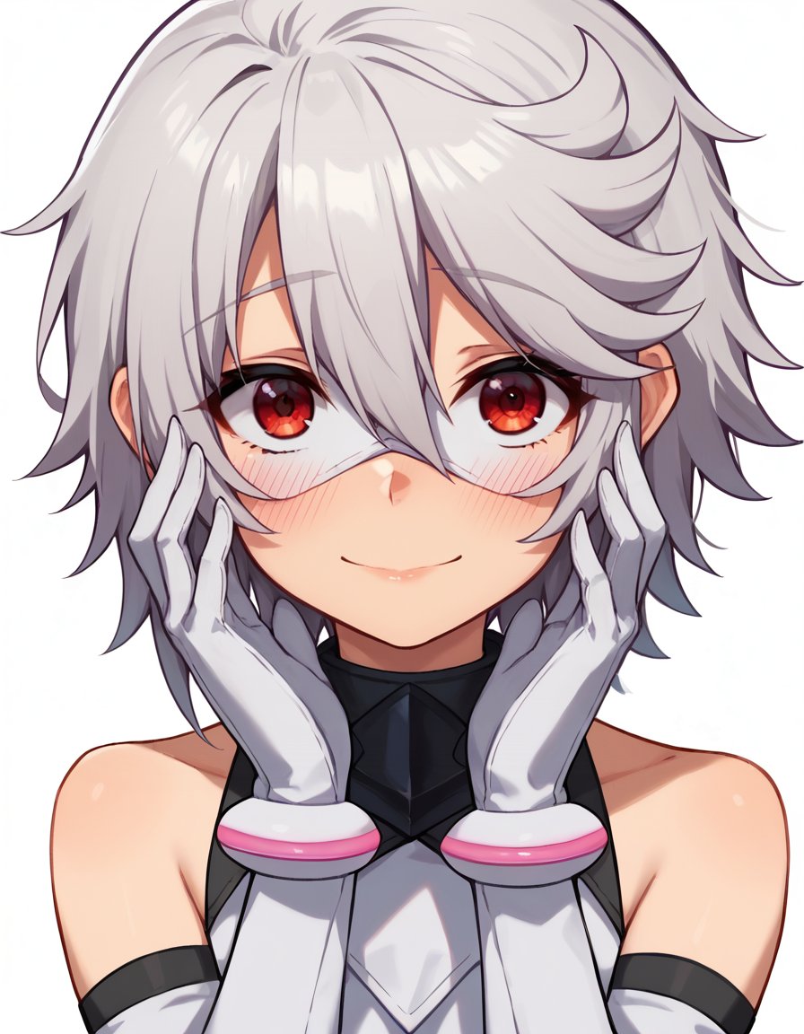 score_9,score_8_up,score_7_up BREAK1girl,shyhero, solo, hands on own face, gloves, blush, looking at viewer, elbow gloves, white background, mask, white gloves, simple background, hair between eyes, bare shoulders, grey hair, 1girl,red eyes,nervous smile, blush <lora:teru_momijiyama XL :1>