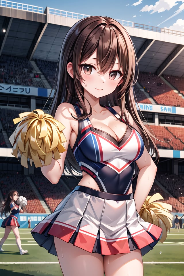 insanely detailed, absurdres, ultra-highres, ultra-detailed, best quality,1girl, solo, nice hands, perfect handsBREAK(cheering, cheerleader girl, holding pom-poms, cheerleader costume, sweat:1.3)BREAKhappy smile, laugh, closed mouthBREAK45 angle,cowboy shot, looking at viewer,BREAKslender, kawaii, perfect symmetrical face, ultra cute girl, ultra cute face, ultra detailed eyes, ultra detailed hair, ultra cute, ultra beautifulBREAK(crowds, spectators, audience:1.3),in school ground, sports festival, day, ultra detailed background,(very wide, panorama view, sense of depth, magnificent view:1.3)BREAKlarge breasts, cleavage, (navel:-1)BREAK(brown hair, brown eyes), long hair, hair between eyes