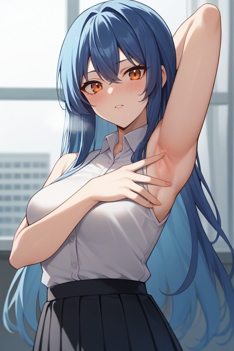 score_9, score_8_up, score_7_up, source_anime,upper body, solo, 1girl, sexy female, tall female, breasts, blue hair, long hair, open hair, orange eyes, white shirt, sleeveless shirt, collared shirt, black skirt, pleated skirt,<lora:SpreadArmpitV2-04:1>, spread armpit, (arm up, presenting armpit, fingers on own armpit:1.2), nose blush, heavy breathing,indoors