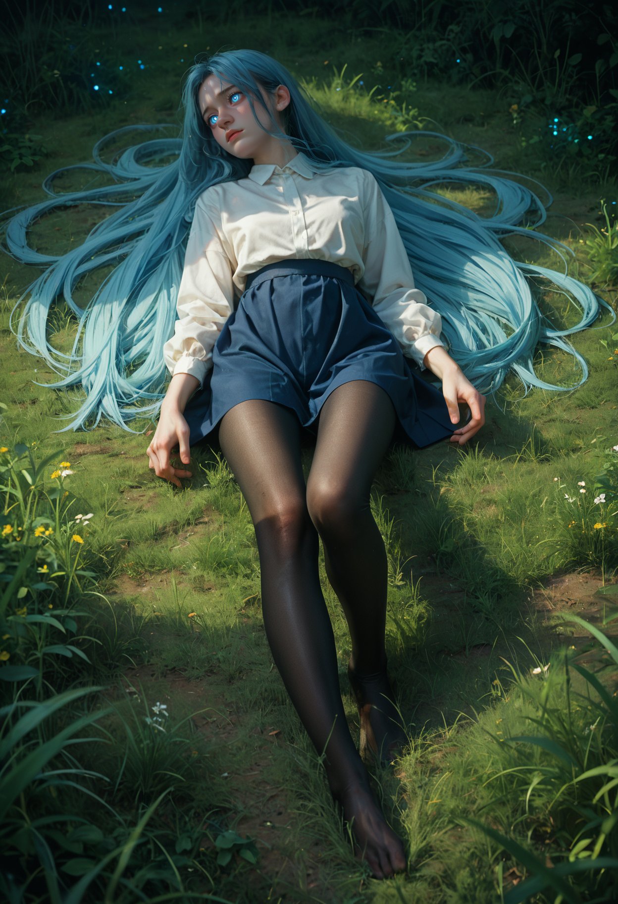 score_9,score_8_up,score_7_up,masterpiece,best quality,8k,dramatic lighting,cold colors,the girl is afraid of lying in the grass,the grass is very high,very long hair,bright blue hair,glowing_eye,night,dim light,long legs,black pantyhose,