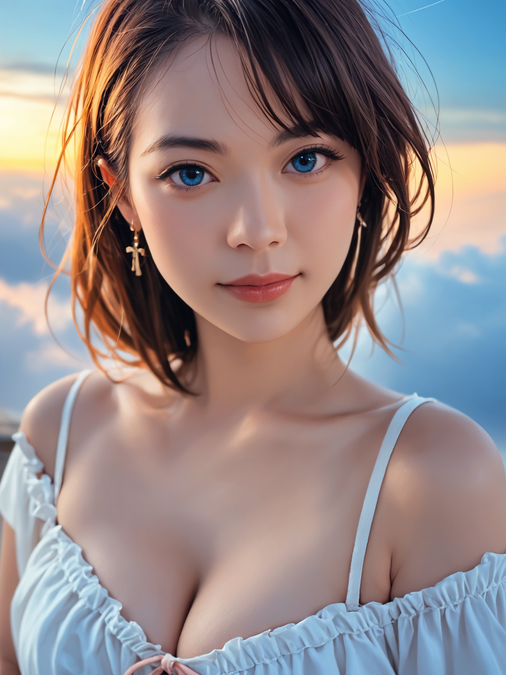 score_9, score_8_up, score_7_up, Best quality, masterpiece, realistic, realism, film grain texture, half-length portrait, raw photo of 20 years old girl in off-shoulder, close up portrait, cleavage, deep blue sky, cloudy sky, outdoor, high key light, soft shadow, dark theme