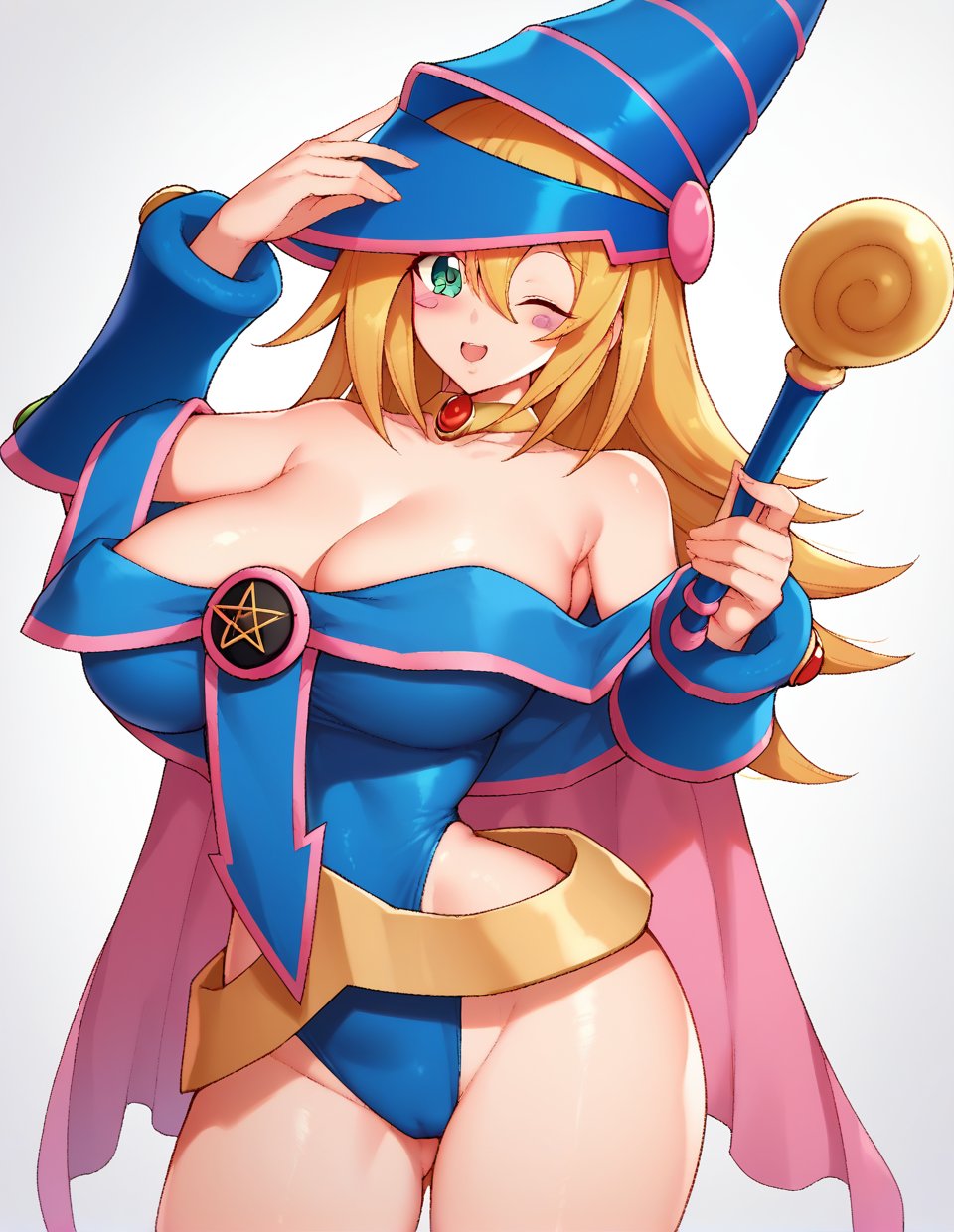 score_9,score_8_up,score_7_up,score_6_up,score_5_up,score_4_up,1girl,<lora:darkmagiciangirl_pony:1>,darkmagiciangirl,duel monster,hat,blush stickers,wizard hat,long hair,hair between eyes,solo,breasts,cleavage,bare shoulders,looking at viewer,magic wand,leotard