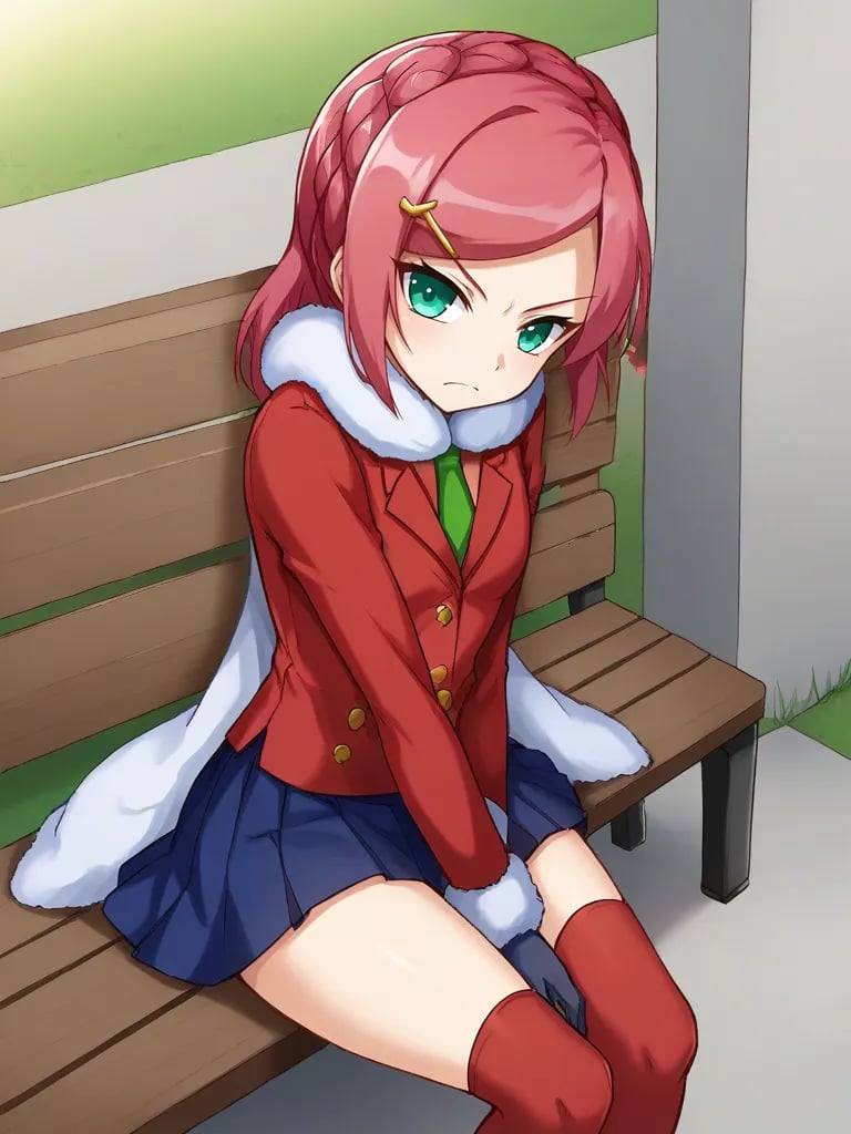 <lora:olgamechacabbagepony:1>1girl, solo, olgamugen, pink hair, hairclip, braid, medium hair, green eyes, ushanka, red blazer, long sleeves, green necktie, arm warmers, fur trim, black gloves, blue skirt, single red thighhigh, sitting, bench, looking at viewer, frown