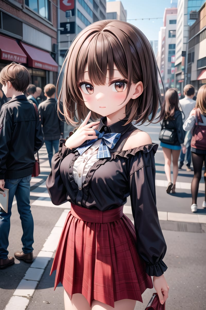 insanely detailed, absurdres, ultra-highres, ultra-detailed, best quality,1girl, solo, nice hands, perfect handsBREAKjirai kei,plaid skirt, shirt, long sleeves, bow, blue skirt, white shoulder frilly shirt, outdoors, blue bow, long hairBREAK(nsfw:-1.5)BREAKexpressionless, closed mouthBREAK45 angle,cute pose, cowboy shot, looking at viewerBREAKslender, kawaii, perfect symmetrical face, ultra cute girl, ultra cute face, ultra detailed eyes, ultra detailed hair, ultra cute, ultra beautifulBREAKin street, cityscape in tokyo, depth of field, ultra detailed backgroundBREAKlarge breastsBREAK(brown hair, brown eyes:1.2), very short hair,