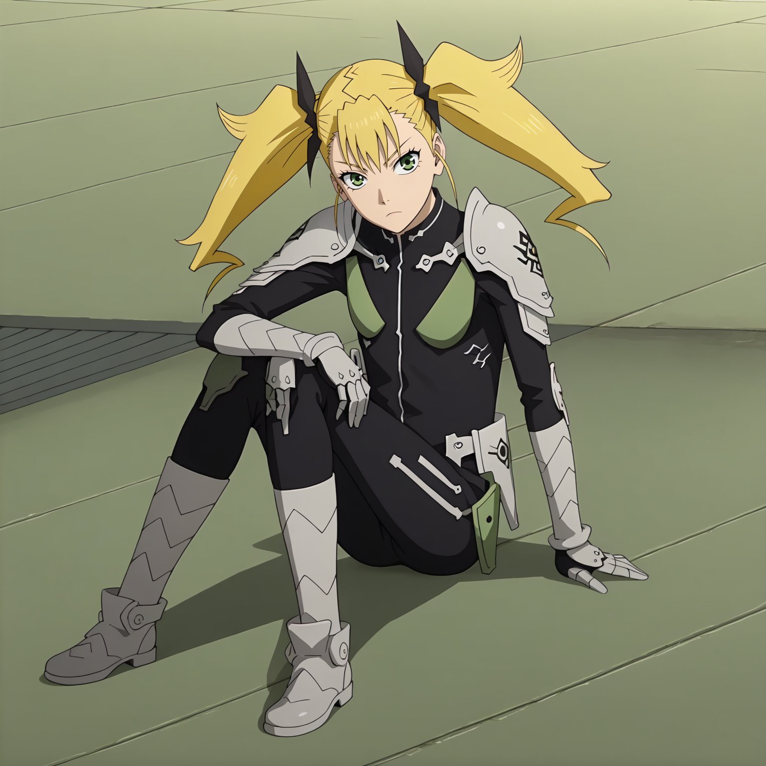 <lora:KikoruShinomiyaXLpony002>,solo,KikoruShinomiya,1girl,blonde hair,twintails,green eyes,black bodysuit,shoulder armor,gauntlets,boots,full body,sitting,