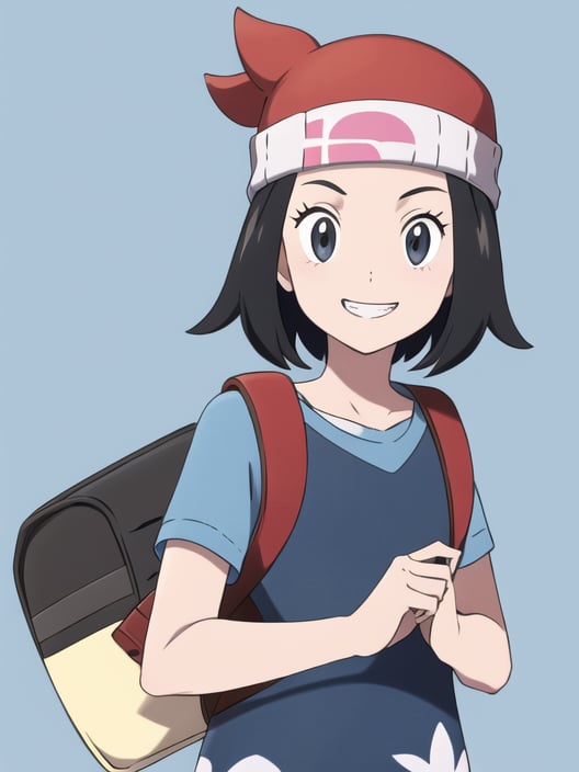 <lora:asatsukifgfff-08:0.8> 1girl, looking at viewer, smile, short hair, bangs, shirt, black hair, 1boy, hat, holding, closed mouth, upper body, short sleeves, sleeveless, bag, grin, black eyes, grey eyes, pokemon (creature), floral print, backpack, blue shirt, t-shirt, baseball cap, red headwear, outline, beanie, floral background, holding pokemon