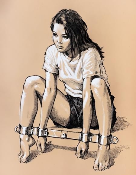 score_9, score_8_up, score_7_up, score_6_up, score_5_up, score_4_up, lineart, sketch, traditional media, 1girl, metalstocks, spreader bar, shorts, shirt, barefoot, sitting on the floor