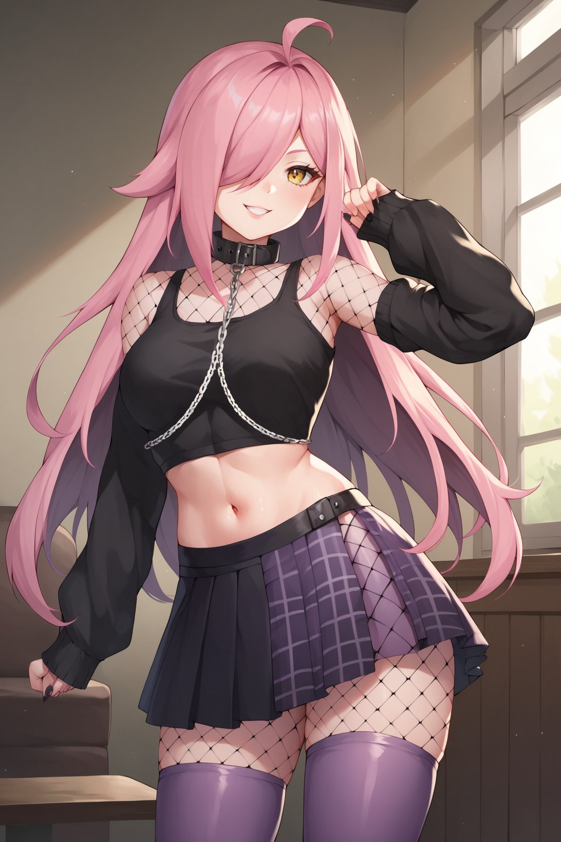 score_9, score_8_up, score_7_up, score_6_up, score_5_up, score_4_up, NeneEfthyVTXL, yellow eyes, hair covering one eye, long hair, pink hair, ahoge, collar, navel,  black pads sleeves, collar with chain, black crop top, mesh, purple skirt, black skirt, skirt, square skirt, two tone skirt, half color skirt, thight mesh, purple thighhighs, standing, dynamic pose, looking at viewer, seductive smile, indoors, room <lora:NeneEfthyVTXL:0.7>