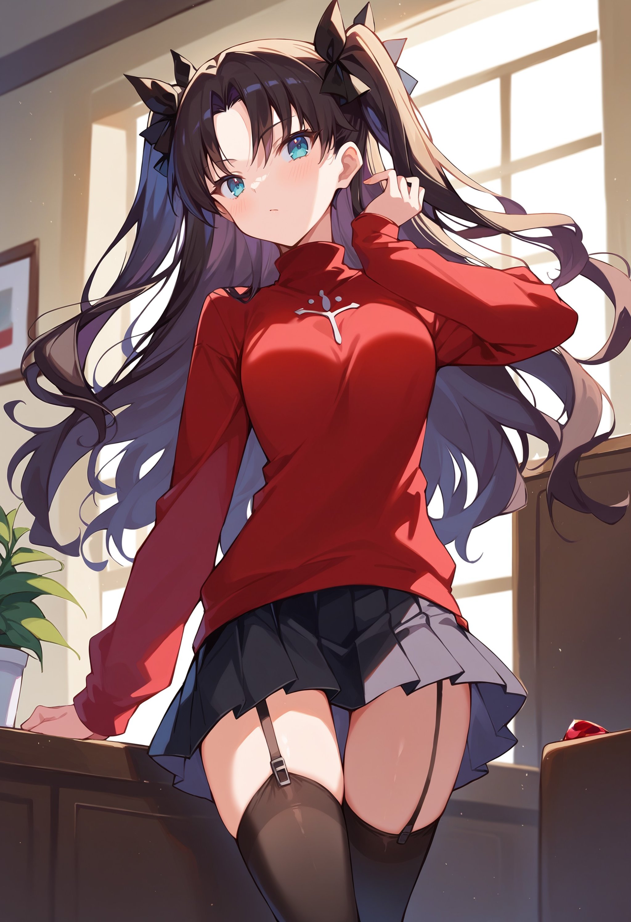 score_9, score_8_up, score_7_up, score_6_up, source anime,rin_tohsaka, tohsaka rin, ruby gem, dark hair, long hair, black hair, two side up, twin-tails, sweater, long sleeves, red sweater, thighhighs, garter straps, zettai ryouiki, black pleated skirt, indoors  , masterpeice, best quality, very aesthetic, absurdres