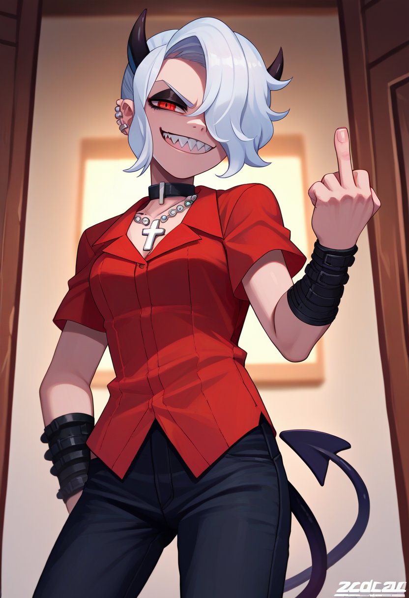 score_9, score_8_up, score_7_up, source_anime, solo, 1girl, htzdrada, sharp teeth, eyeshadow, smirk, looking at viewer, middle finger, hair over one eye, demon horns, red shirt, short sleeves, black pants, piercing, cross necklace, black choker, demon tail <lora:helltaker_zdrada_ponyXL:1>