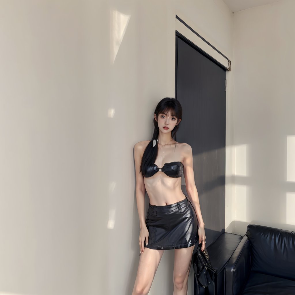 1girl,shiny_skin,black hair,bare shoulders,chest,standing,sunlight,<lora:kuku（0.86）:0.8>,