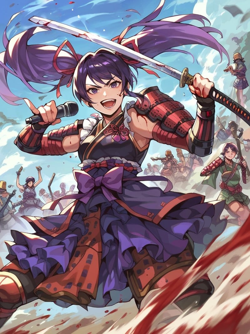 score_9,score_8_up,score_7_up,source_anime,1girl,<lora:samurai_armor_pony:1>,samurai,smile,idol dress,frills,pose like idol,purple twintails,(microphone:1.2),battlefield,samurai army,blood,fighting,singing,holding katana,blood on blade,