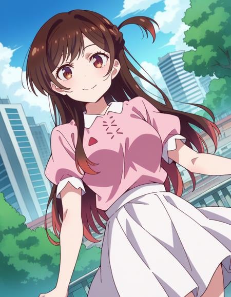 score_9, score_8_up, score_7_up, source_anime,chizuruichinose, <lora:chizuru-ichinose-s1-ponyxl-lora-nochekaiser:1>,chizuru ichinose, long hair, bangs, brown hair, brown eyes, one side up,skirt, shirt, short sleeves, puffy sleeves, puffy short sleeves, white skirt, pink shirt,outdoors, cityscape, smile,looking at viewer, cowboy shot, solo, dutch angle,