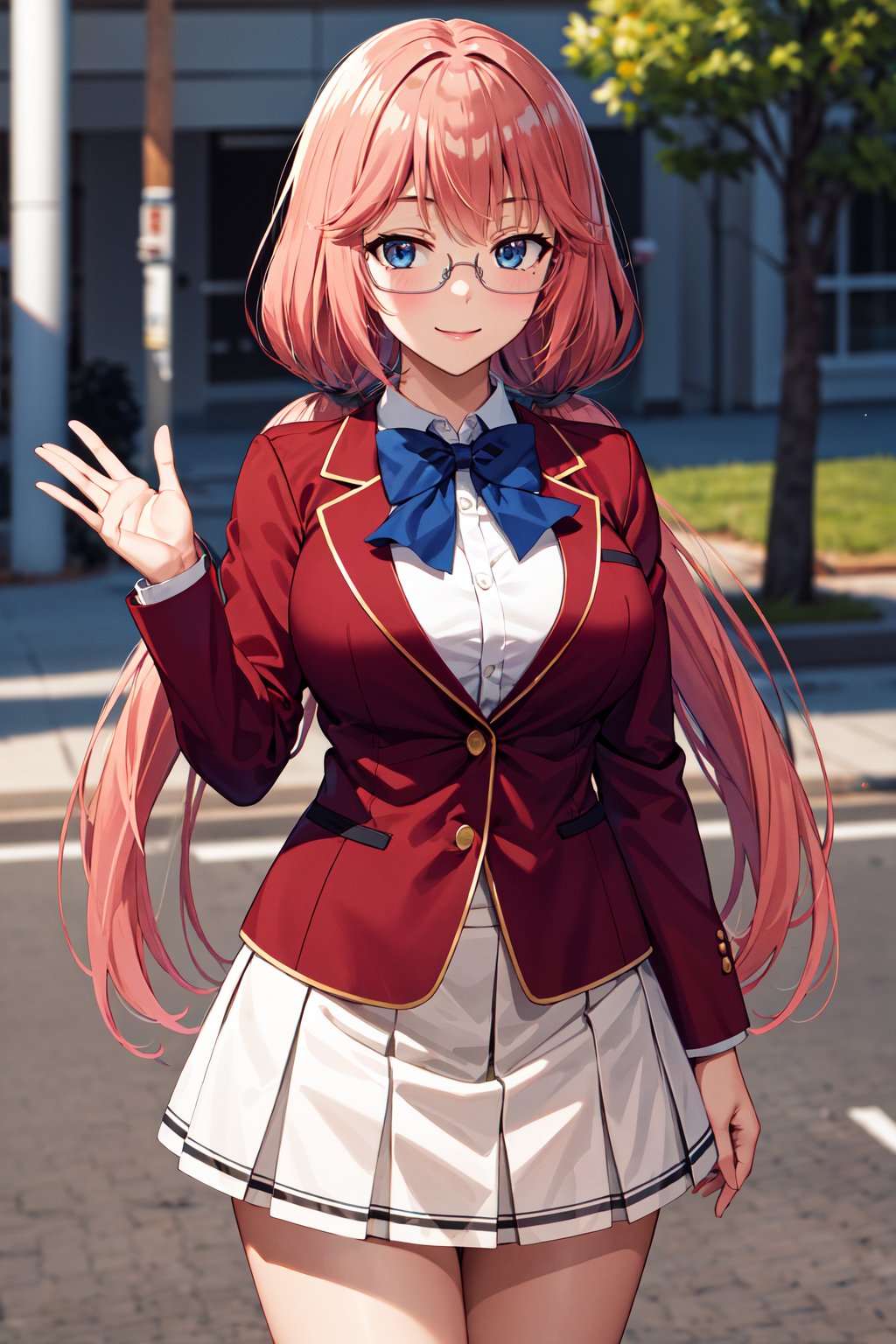 masterpiece, best quality, highres, 1girl, solo, long hair, pink hair, low twintails, blue eyes, glasses, large breasts, school uniform, blue bowtie, blazer, red jacket, long sleeves, white skirt, <lora:sakura_airi_v1:0.7>, smile, waving, outdoors, standing, cowboy shot,