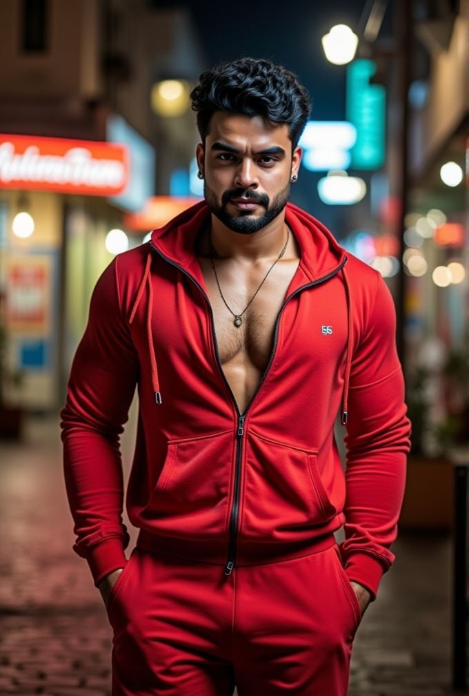 tovino thomas ,  realistic photo in a worn ((skin-revealing skimpy erotic red tracksuit,  massive pecs)) by HottiesnHottie...