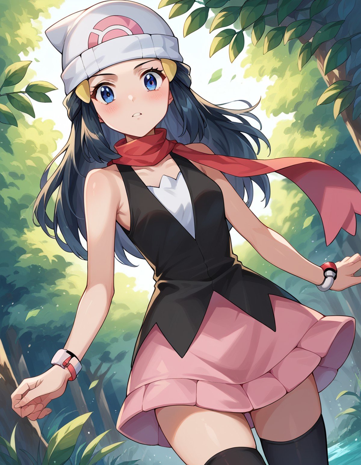 score_9, score_8_up, score_7_up, source_anime,pokemondawn, <lora:pokemon-dawn-ponyxl-lora-nochekaiser:1>pokemon dawn, black hair, blue eyes, sidelocks, long hair,bare shoulders, beanie, black shirt, black socks, bracelet, hat, jewelry, kneehighs, miniskirt, pink skirt, red scarf, scarf, shirt, skirt, sleeveless, sleeveless shirt, white headwear,outdoors, nature,looking at viewer, cowboy shot, dutch angle,