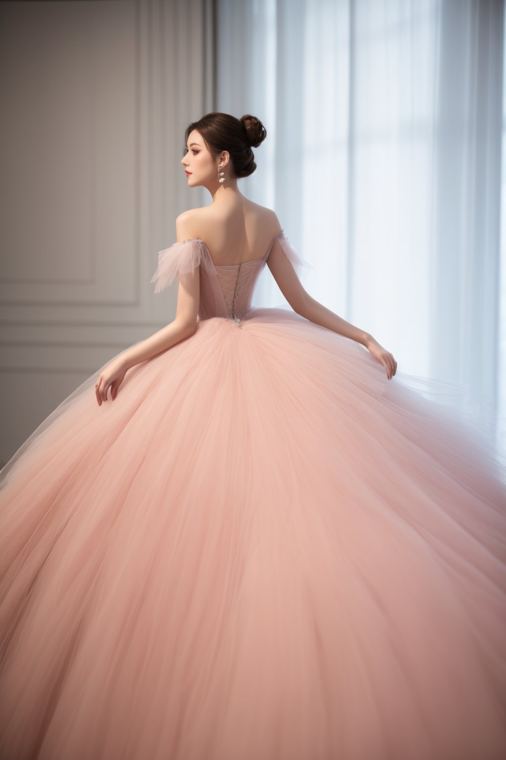 woman, profile view, elegant dress, soft lighting, ethereal, pastel colors, tulle fabric, flowing gown, light pink, haute couture, fashion photography, high bun hairstyle, delicate, graceful pose, dreamy atmosphere, light diffusion, wedding fashion, subtle makeup, sheer fabric, masterpiece,best quality,ultra-detailed,