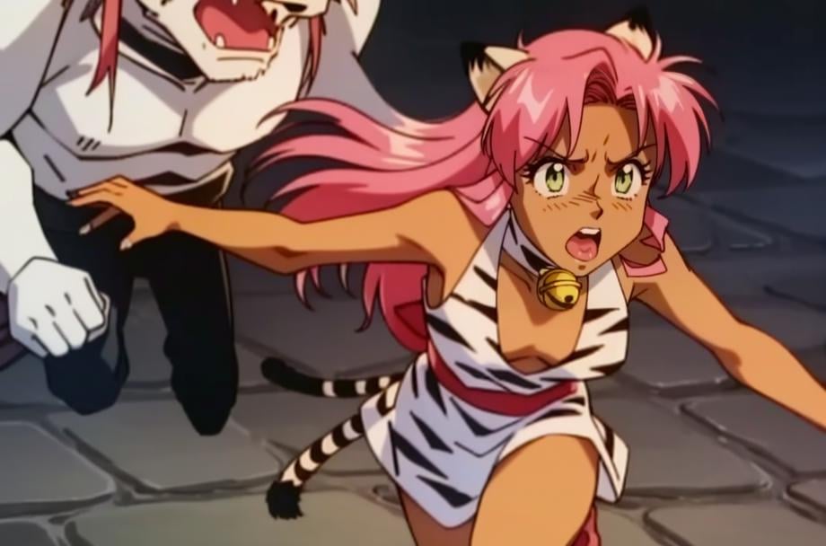 1girl, 1boy, 90's anime style, PinkCzar, ((white tiger ears), (white tiger tail), long hair, pink hair, sidelocks, green eyes, small breasts, choker, bell), (tiger print, slit dress, red sash), (Werewolf, Monster, Incoming attack, attack, horror, scared, mouth open, running, running away), (masterpiece:1.2), hires, (detailed face:1.2), (detailed eyes:1.2), ultra-high resolution, 8K, high quality, (sharp focus:1.2), clean, crisp, cinematic, <lora:Pink-18:0.8>, <lora:werewolf_v0.2:1> 