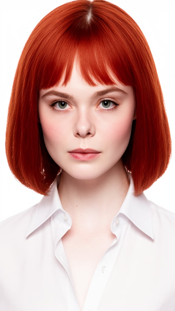 A close-up studio portrait of a E11eFann1ng ,  looking directly into the camera with a neutral,  calm expression. She has...