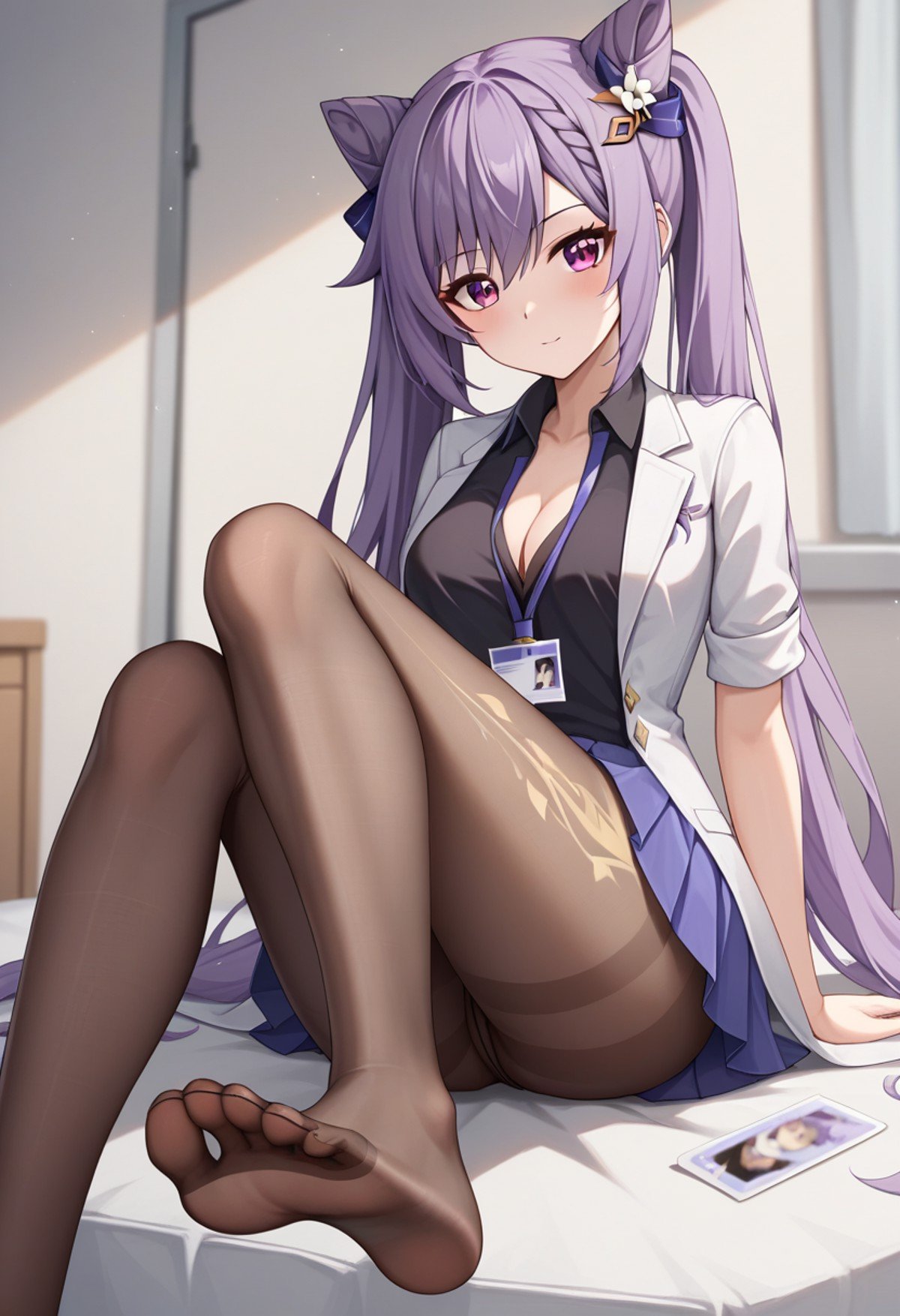 score_9,score_8_up,score_7_up,<lora:genshin_v4:0.8>,1girl, keqing_\(genshin_impact\), solo, sitting, cone_hair_bun, purple_hair, twintails, medium_breasts, cleavage, feet, legs, toes, highres, black_pantyhose, black_shirt, double_bun, foot_out_of_frame, hair_ears, id_card, lab_coat, looking_at_viewer, no_shoes, pleated_skirt, purple_eyes, soles