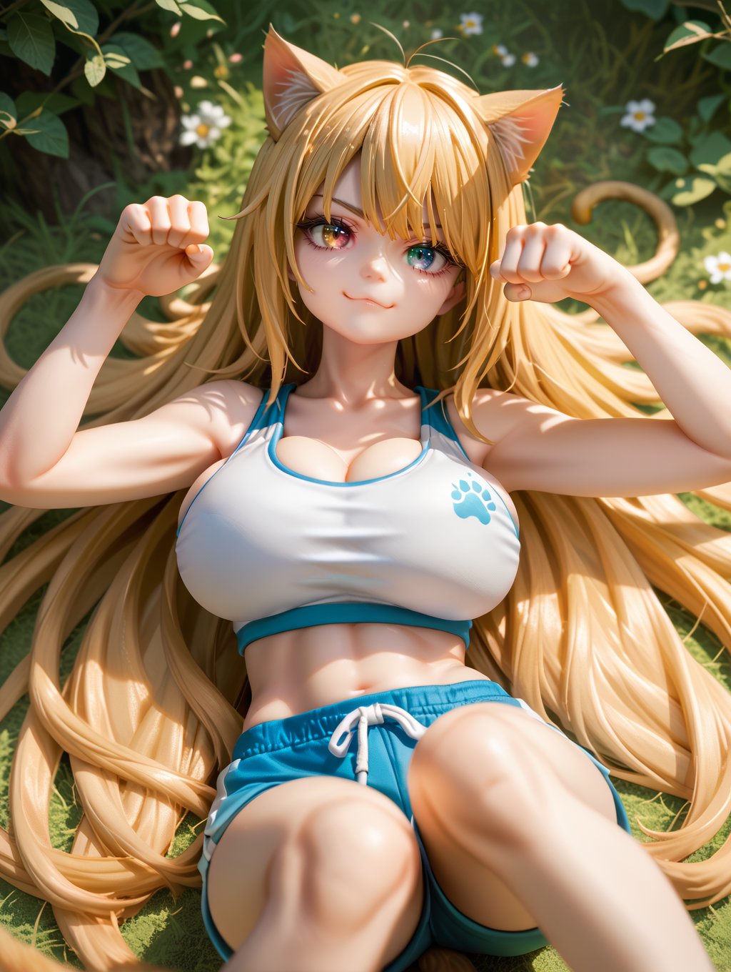 score_9, score_8_up, score_7_up,doll, 1girl,very long hair, gold hair, heterochromia, eye reflection, on back, paw pose, cat ears, cat tail, huge breasts, sports bra, shorts, smirk, outdoors,  