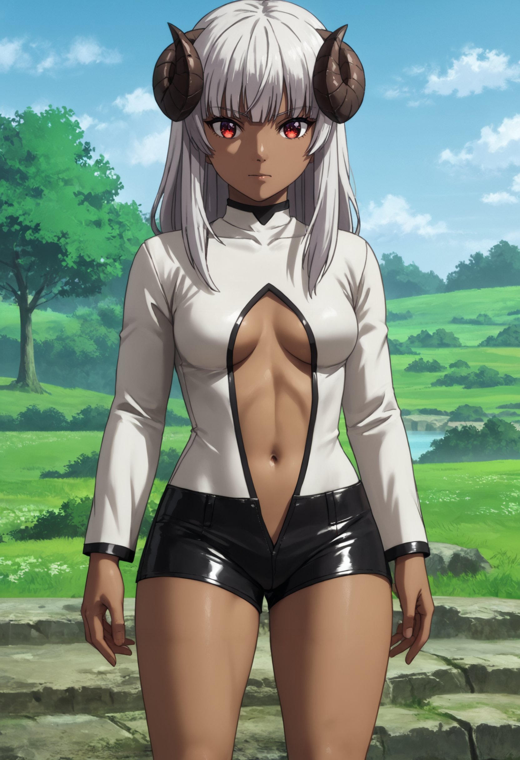 zPDXL, source_anime, 1girl, felm, horns, dark-skinned female, latex princess, breasts apart, white dress, black shorts, long sleeves, standing, cowboy shot, thighs, outdoors, blue sky,<lora:latex-princess-ot6-1560:1.0>   <lora:felm-pony-kohya6-000008:0.8> 