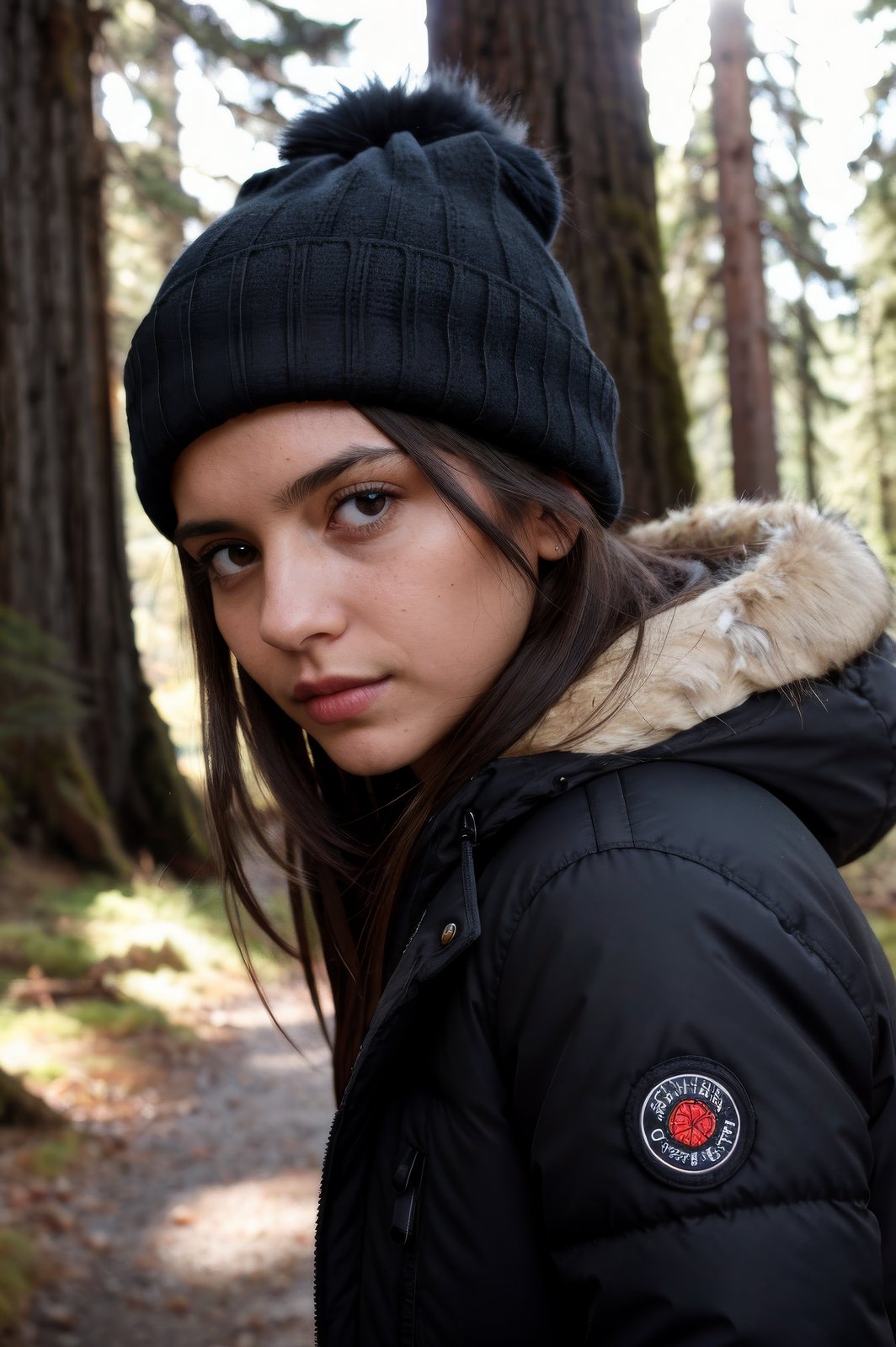 photograph of a woman, (sympathetic facial expression), textured skin, goosebumps, jet black half-up half-down hair, faux fur-lined parka with skinny jeans and beanie, group profile, towering ancient redwood trees creating a sense of wonder and awe, perfect eyes, ((hard lighting:1.4)), Velvia 100 color, shot on Cinestill 800T, bokeh, sharp focus on subject, shot by Manuela Marques