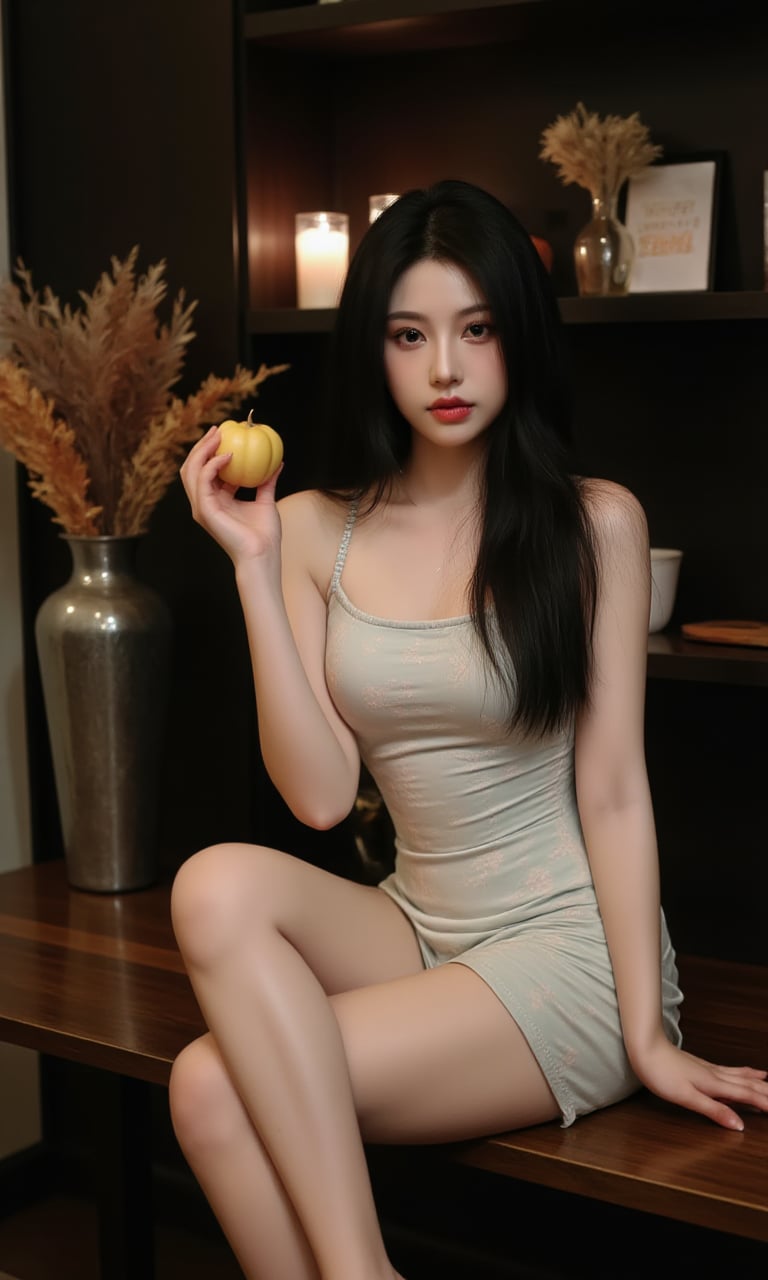 The image is a high-resolution photograph featuring an East Asian woman with long, straight black hair and fair skin. She is seated on a wooden table, her body angled towards the camera, with one leg bent and the other extended. She wears a strapless, form-fitting dress in a soft pastel color with a subtle floral pattern. The dress accentuates her slender physique and small breasts. Her expression is calm and slightly pensive, with her eyes gazing directly at the camera.In her right hand, she holds a small, round, yellow gourd. The background is dimly lit, with a dark wooden shelf filled with various items, including a candle and a vase with dried flowers, adding a rustic, cozy atmosphere to the scene. To the left, there is a large, metal vase containing autumnal foliage in shades of orange and brown, contributing to the seasonal feel of the setting. The table she sits on has a smooth, polished finish, and the texture of the wood is evident. The overall mood of the photograph is serene and intimate, with a focus on natural beauty and simple elegance.<lora:网图-MYH-2:1>