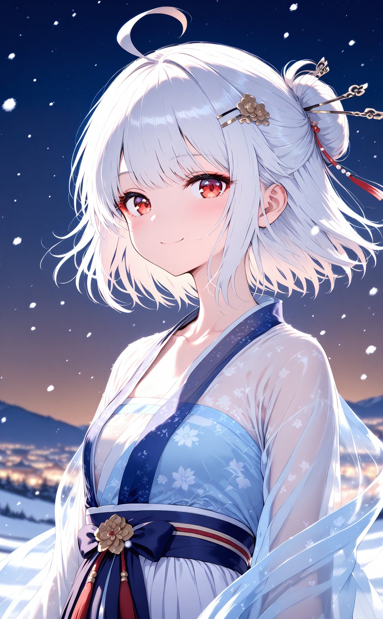 masterpiece,1girl,red eyes,solo,white hair,hair ornament,looking at viewer,smile,hanfu,ahoge,hair bun,see-through,closed mouth,hair stick,outdoors,short hair,shawl,upper body,night,single hair bun,small breasts,sky,chinese clothes,snowing,collarbone,dress,white dress,breasts,snow,blurry background,blurry,korean clothes,hanbok,see-through sleeves,night sky,long sleeves,floral print,sash,hairpin,