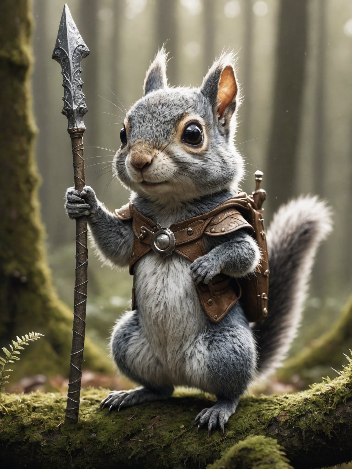 macro camera, illustration of a little magical cute forest creature. The creature IS holding a spear. fantasy art, intricate details, style Jean - Baptiste Monge, style Alan Lee, anthropomorphic squirrel , scene from a movie, dramatic shot angle, atmospheric particles, Real, raw cinematic photorealism, action portrait, 8k, detailed, centered, full frame, depth of field