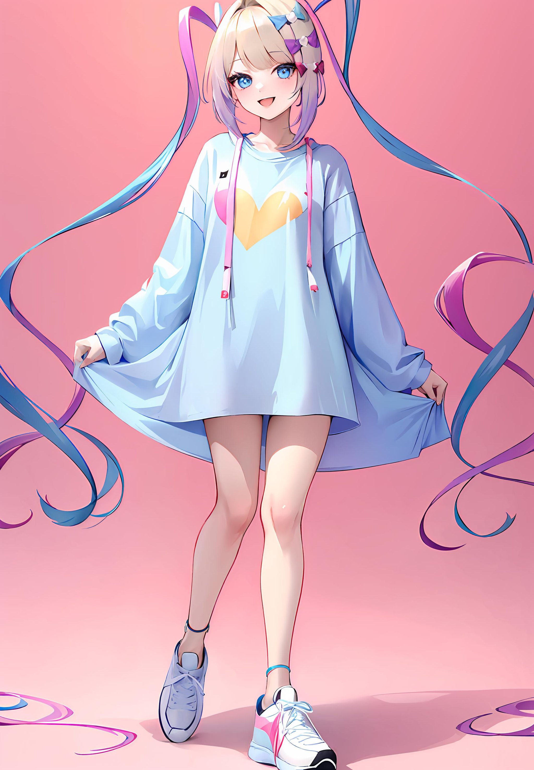 ((masterpiece,best quality)), 1girl, solo, kangel,  Oversized t-shirt dress, sneakers., smile,