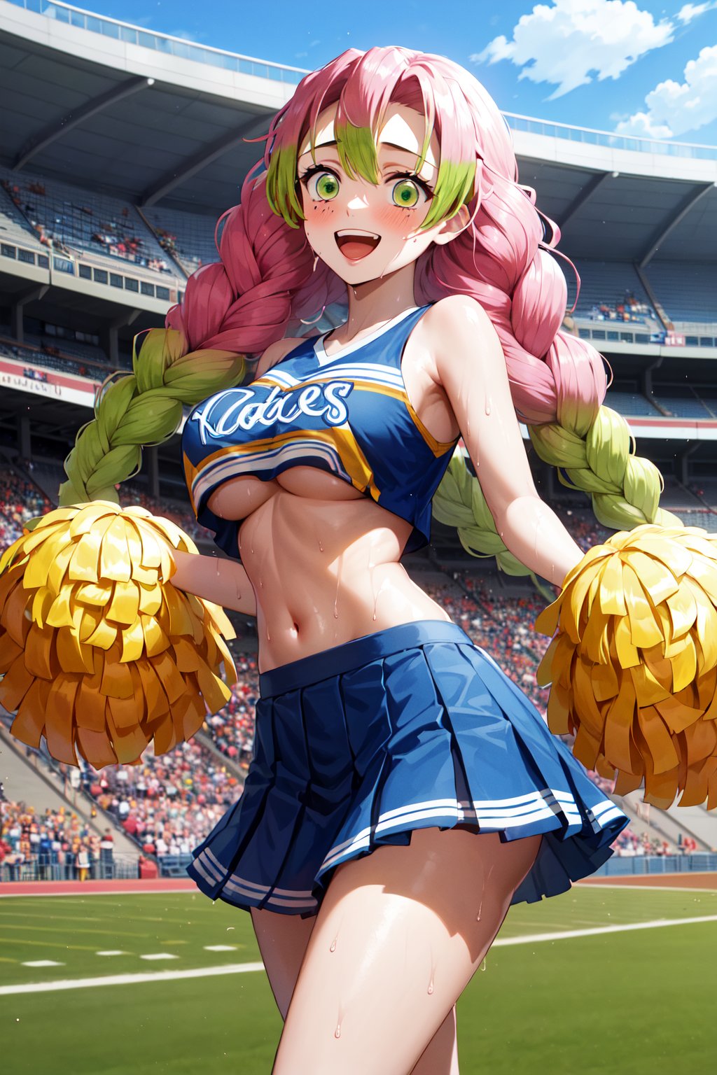 masterpiece, best quality, highres, aamitsuri, long hair, braid, multicolored hair, green eyes, mole under eye, large breasts, <lora:kanroji_mitsuri_v1:0.7>, cheerleader, pom pom \(cheerleading\), smile, standing, stadium, midriff, standing, cowboy shot, sweat