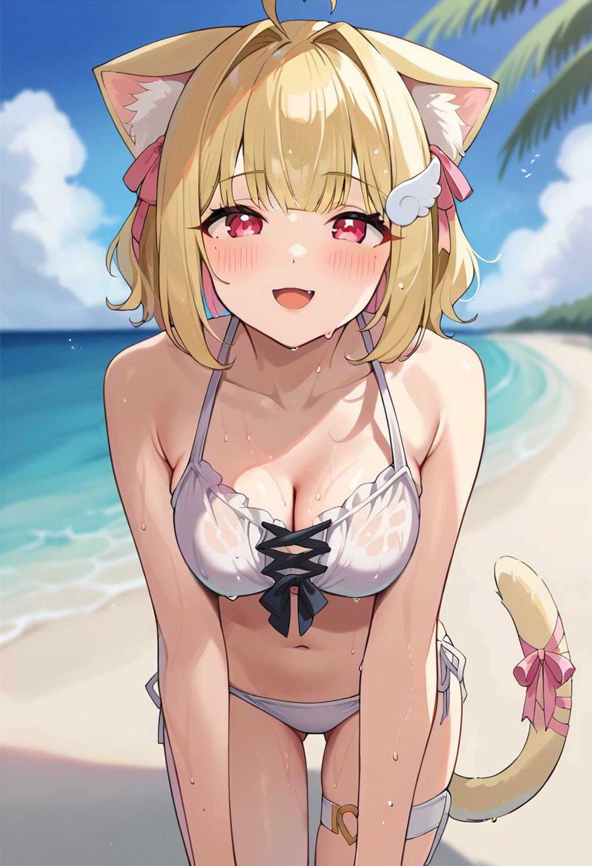 score_9, score_8_up, score_7_up, source_anime, 1girl, outdoors, beach, palm tree,BREAK ,cat ears, heart ahoge, wing hair ornament, blonde hair, tail ribbon, bikini, wet, swimsuit,