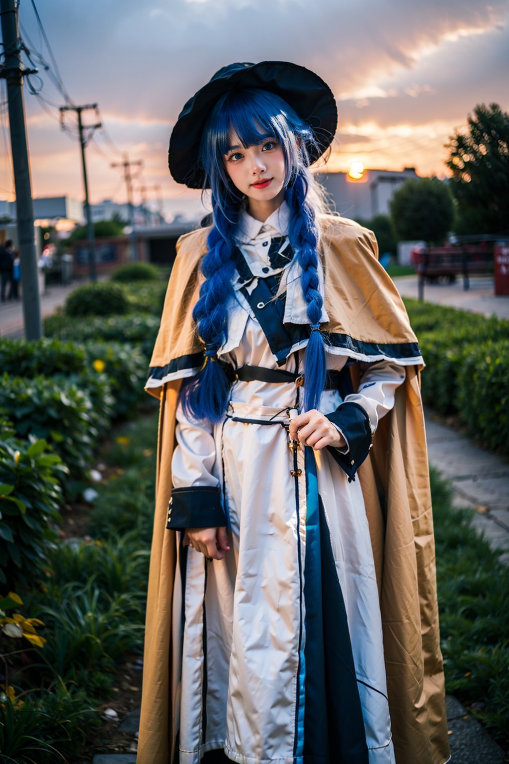 best quality,masterpiece,1girl,roxy migurdia,solo,long hair,looking at viewer,hat,smile,bangs,blue eyes,blue hair,braid,cape,twin braids,brown cape,realistic,outdoors,sunset,day,cloud,,<lora:RoxyMigurdia_v1_wd14-000010:0.7>