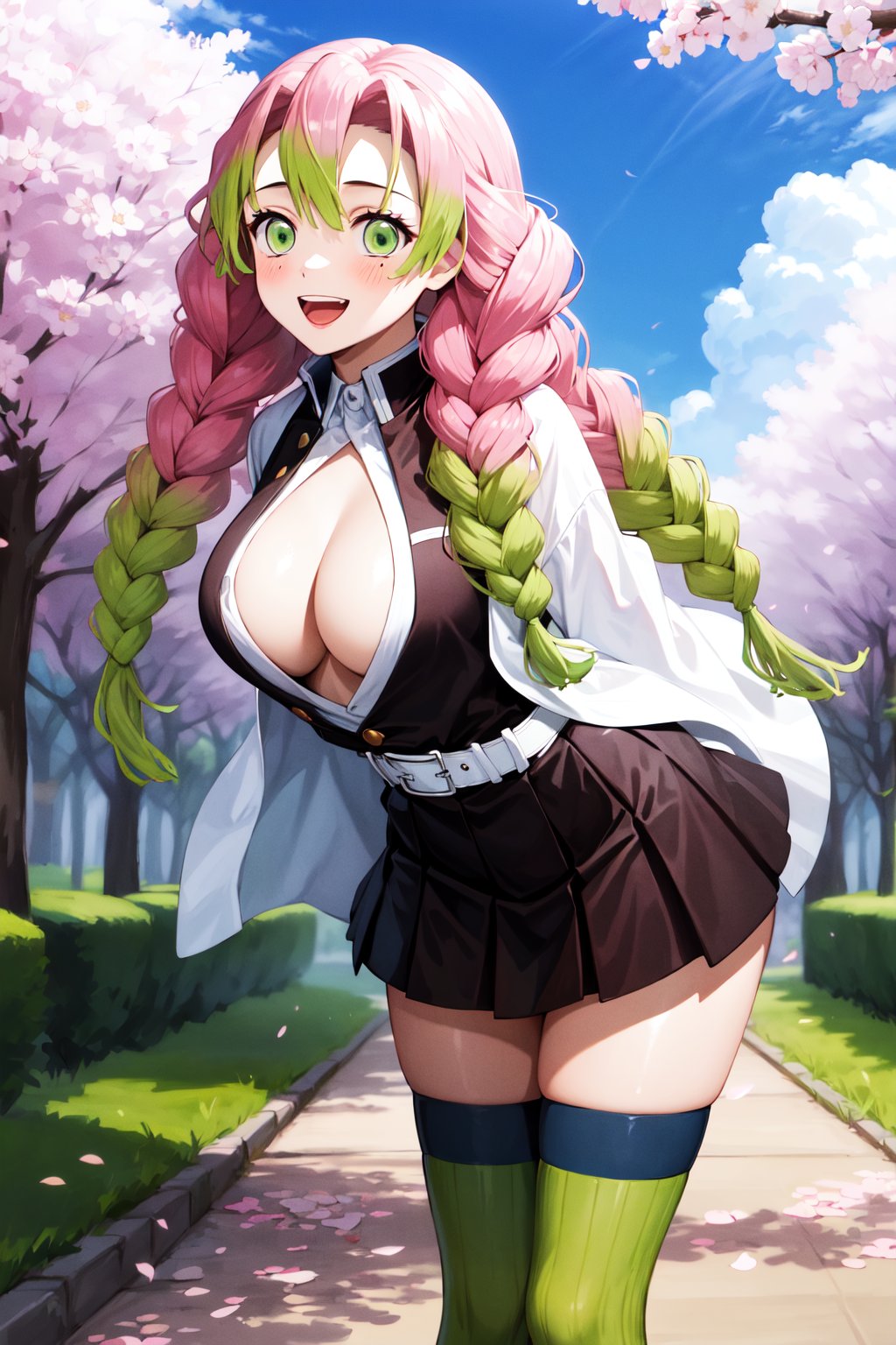 masterpiece, best quality, highres, aamitsuri, long hair, braid, multicolored hair, green eyes, mole under eye, large breasts, japanese clothes, cleavage, white jacket, haori, black shirt, open clothes, belt, pleated skirt, (black skirt:1.2), green thighhighs, ribbed legwear, <lora:kanroji_mitsuri_v1:0.7>, smile, open mouth, standing, cowboy shot, leaning forward, bent over, outdoors, cherry blossoms, arms behind back,