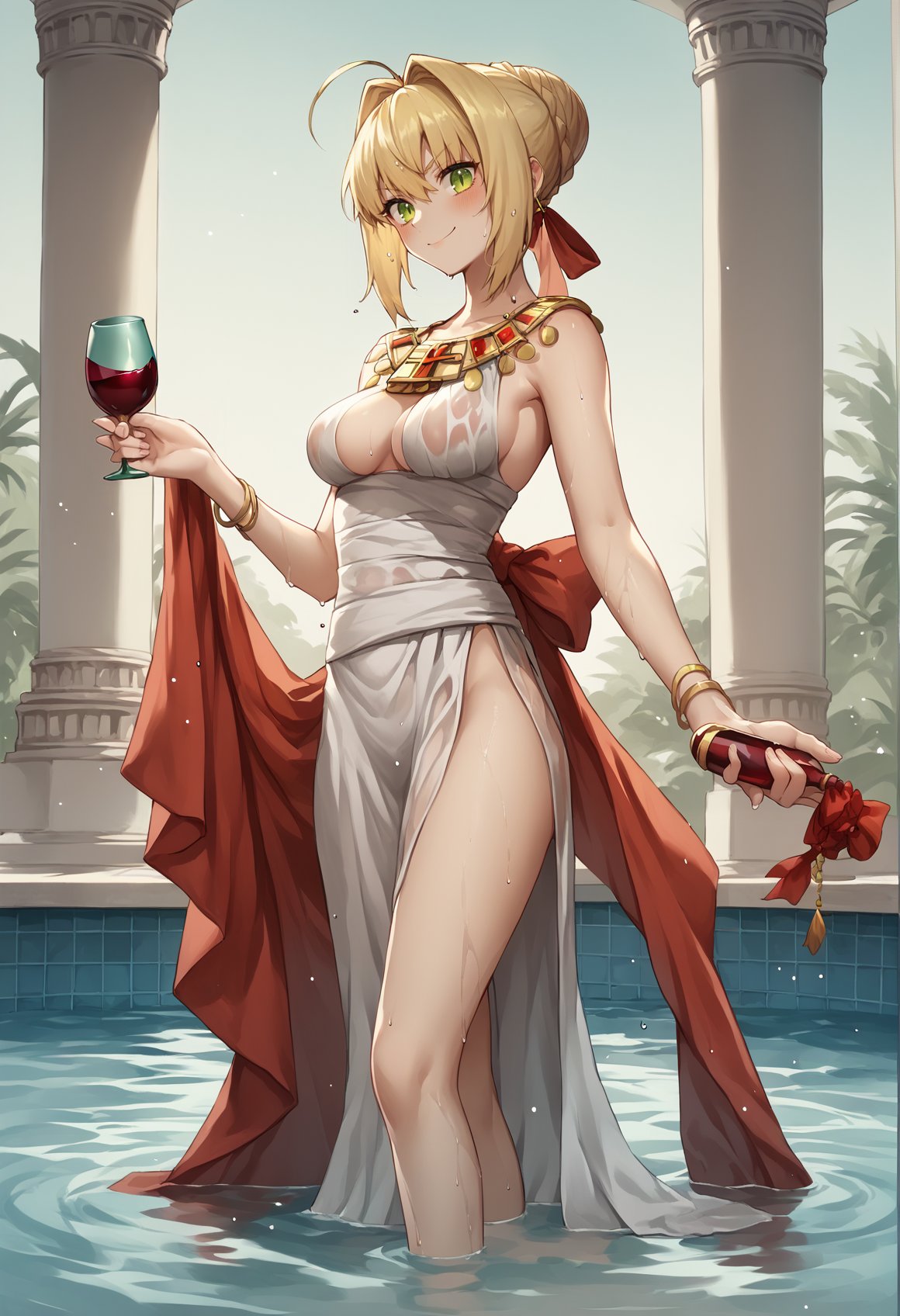 blonde hair, french braid, single hair bun, green eyes, ahoge, toga, long skirt, side slit, riss-cross halter, jewelry, greek temple, pool, holding chalice, wine, wet clothes, submerged feet, evil smile, blushing <lora:Mochiron_yo_da_yo:1>, score_9, score_8_up, score_7_up, score_6_up, score_5_up, score_4_up, BREAK source_anime, masterpiece