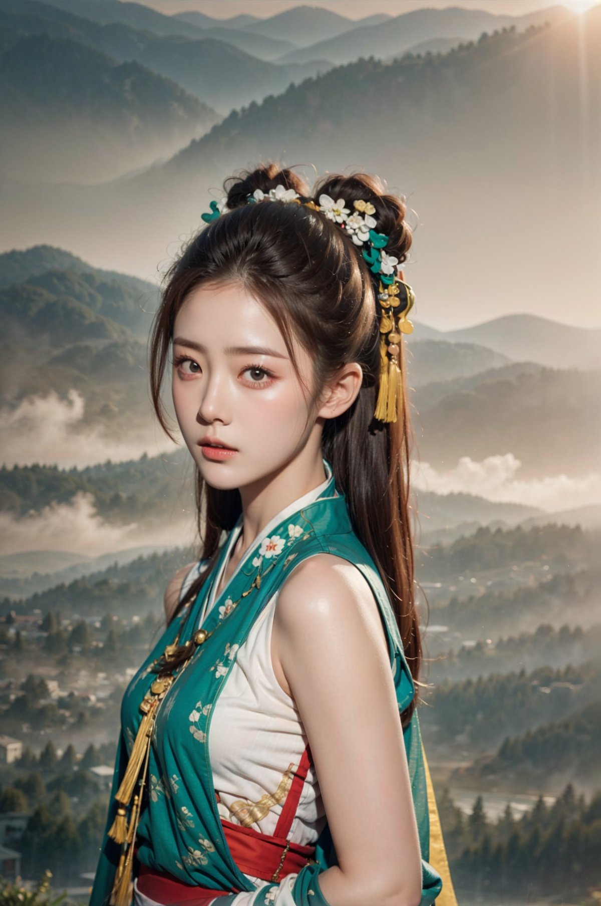 1girl,Hanfu,upper body,cloud,blue sky,looking at viewer,photorealistic,realistic,solo,