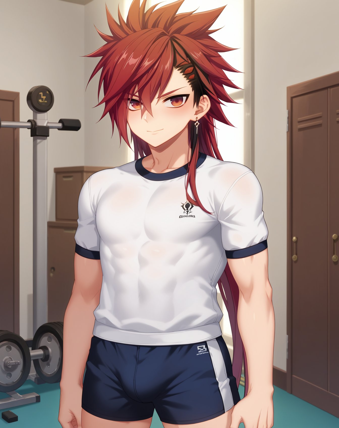 score_9, score_8_up, score_7_up, source_anime, anime screencap, depth of field, rating_safe, BREAK,1boy, solo, yaoi, male focus,looking at viewer, cowboy shot, facing viewer, standing, straight-on, arms at sides,<lora:elsword_immortal:1> elsword immortal, long hair, red eyes, red hair, multicolored hair, two-tone hair, spiked hair, gym uniform, white shirt, blue shorts, indoors, 