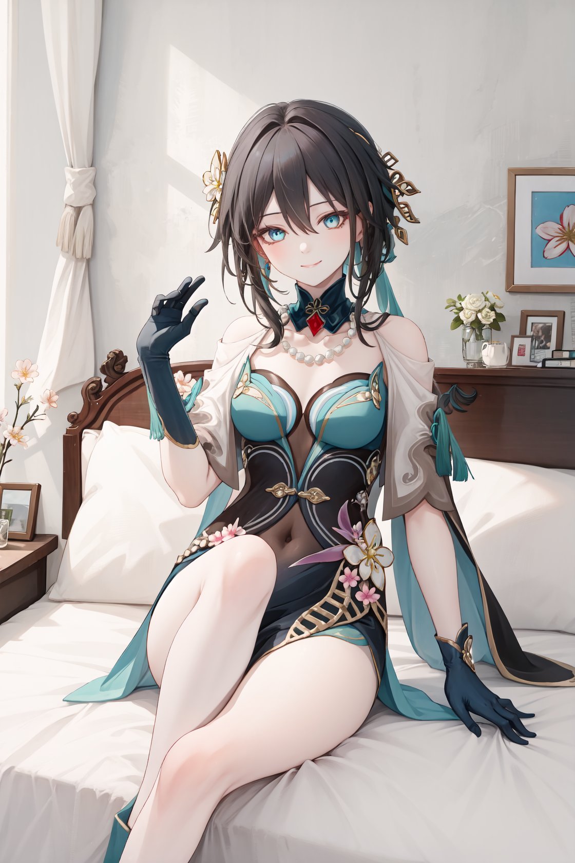 ruanmei,bangs,long hair,dress,gloves,hair between eyes,jewelry,hair ornament,blue eyes,black hair,flower,black gloves,blue dress,<lora:阮梅2-000011:0.9:lbw=role>,indoors,bedroom,sitting on bed,light smile,rosaria,, 1girl,,  (masterpiece,best quality:1.2),absurdres