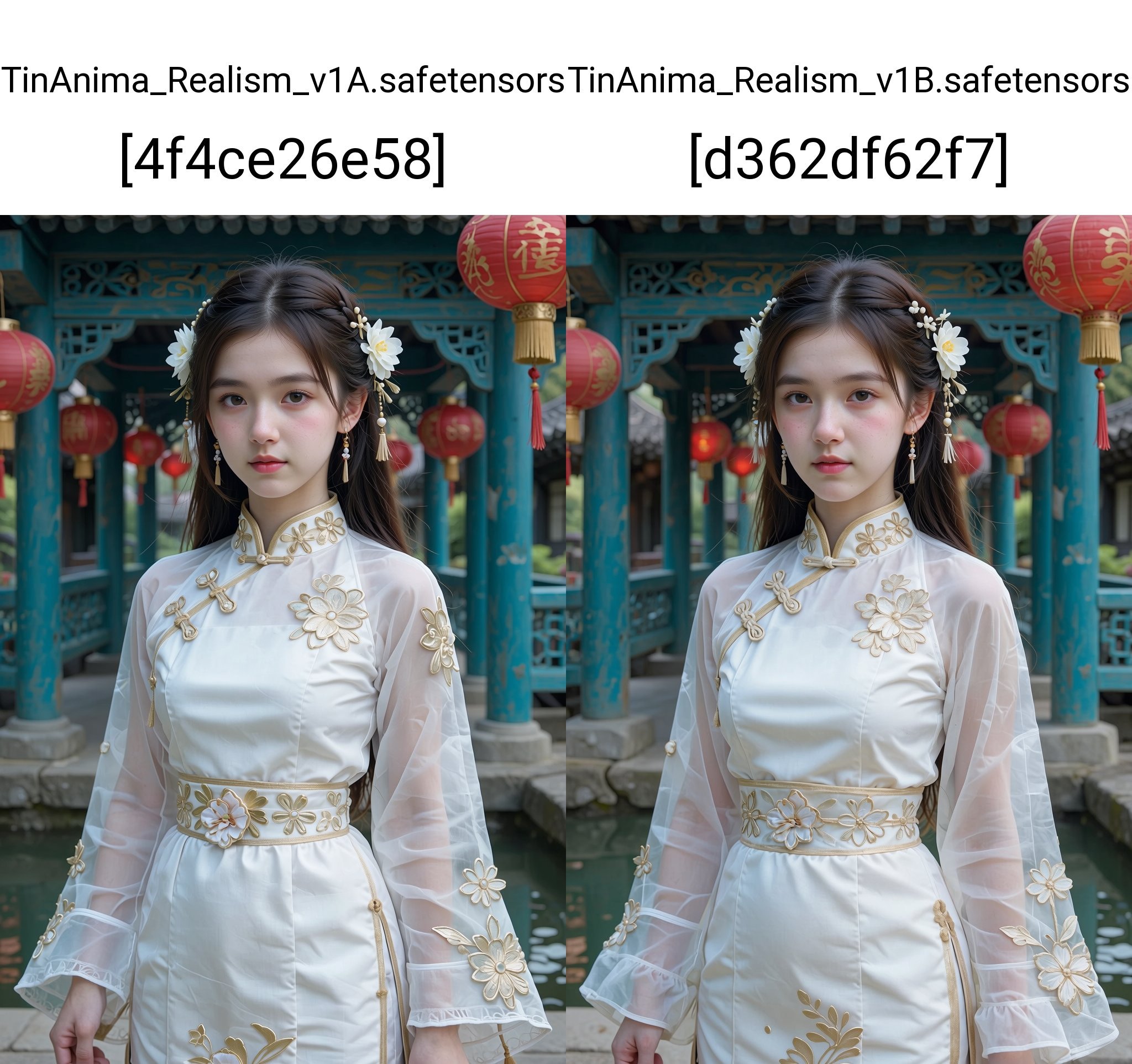 A photograph of a young Asian woman with fair skin,  long dark hair adorned with white flowers,  and delicate facial featu...
