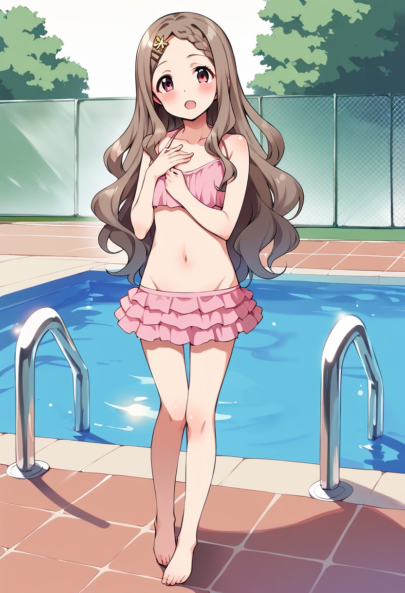 score_9, score_8_up, score_7_up, best quality, masterpiece, source_anime BREAK1girl, aoba kokona, solo, brown hair, braided bangs, barefoot, navel, pool, open mouth, blush, fence, hairclip, red eyes, bikini skirt, standing, very long hair, looking at viewer, outdoors, :o, tree, pink bikini, collarbone, midriff, brown eyes, full body, day, lens flare, poolside, flower, hand on own chest, skirt, frills, hair flower, water, sparkle, pink eyes, layered skirt, grass, wavy hair, tankini, frilled bikini, legs, chain-link fence, grey hair, flat chest <lora:aoba_kokona_sdxl_locon_pony_v1:0.7>