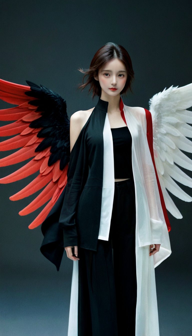 <lora:xl-shanbailing-0112yin_yang:0.85>,(1girl:1.2),wings,(solo:1.2),((left and right different colors)),color patches,contrast,concept clothing,garment draping,left black right red,