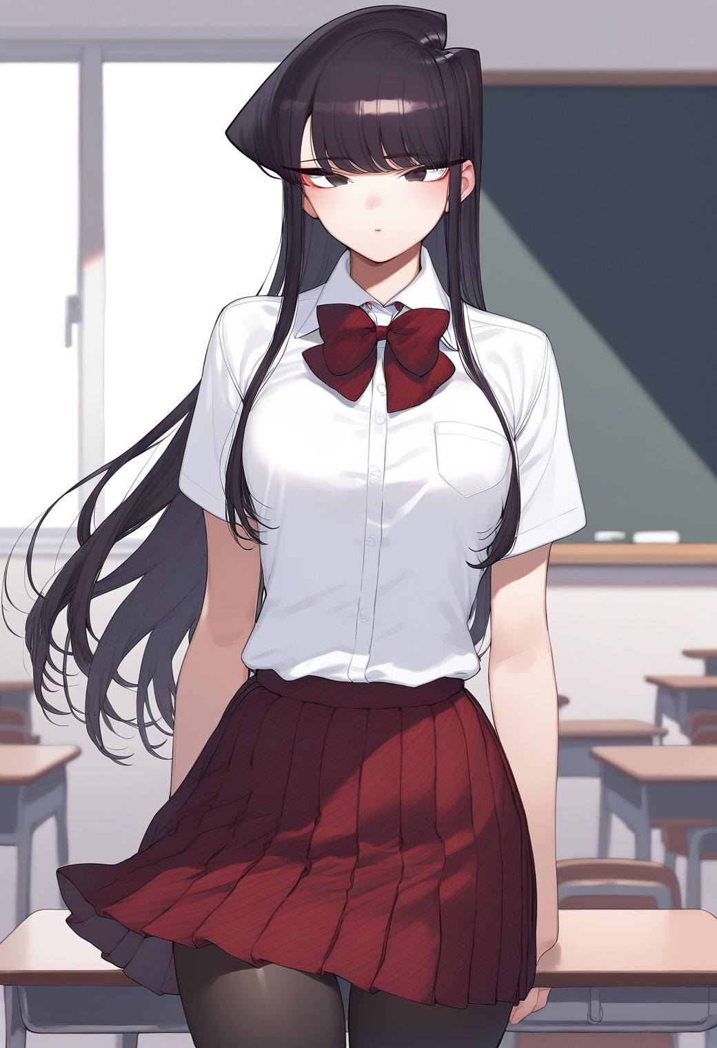 1girl,  cowboy shot, (indoors:1.2), (classroom:1.2), komi_shouko, black eyes, black hair, long hair, school uniform, red bowtie, white shirt, collared shirt, short sleeves, striped, pleated skirt, red skirt, black pantyhose,  <lora:komi_shouko_pony_ver1:0.7>, score_9, score_8_up, score_7_up, BREAK source_anime, rating_explicit, best quality, masterpiece, uncensored,