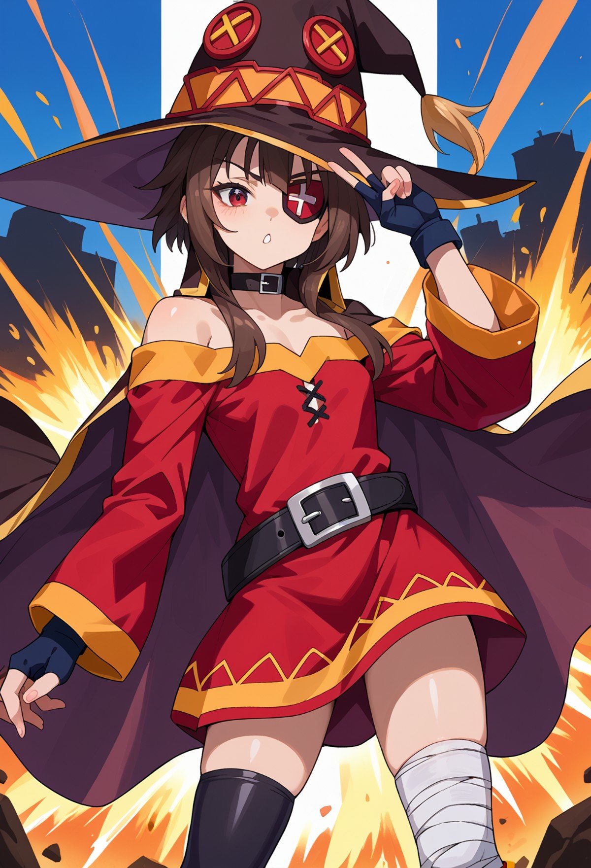 score_9, score_7_up, source_anime, BREAK <lora:AEMegumin-000009:1> AEMegumindef, red eyes, Brown hair,  Belt choker, red dress, off-shoulder dress, Black gloves, fingerless gloves, Belt, mismatched legwear, asymmetrical legwear, bandaged leg, black thighhighs, knee boots, hat, eyepatch, Black cape, v over eye, explosion, cowboy shot, 