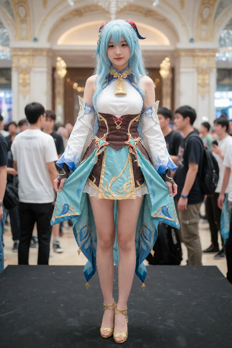 A young Asian woman,  cosplaying as a fantasy character,  stands confidently on a black platform. The woman by 天TIN on Ten...
