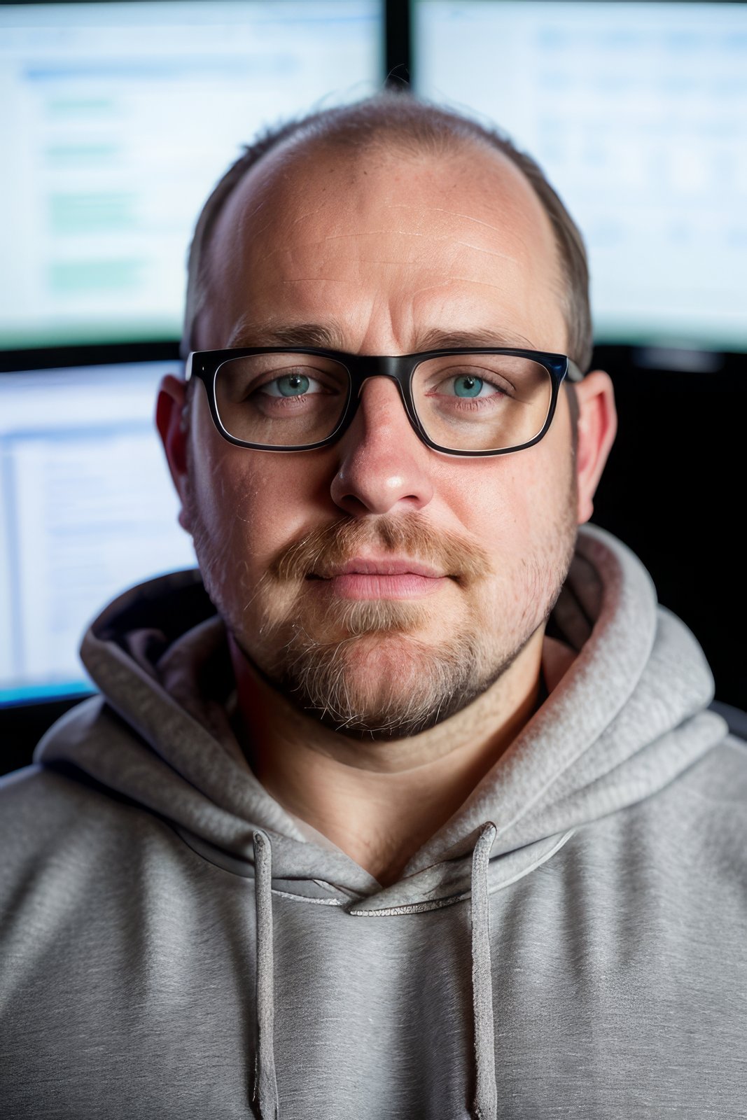 High detail RAW color, (full body Photo) of an unattractive man, wide hips, wearing a ((dirty grey hoodie, sweatpants)), ((scruffy beard, balding, chubby face, wide chin, squinting, glasses)), (standing in front of a wall of monitors and computers in an office), realistic, symmetrical, highly detailed, harsh lighting, cinematic lighting, serious eyes, contrast, textured skin, cold skin pores, hasselblad, 45 degree, hard light, gigapixel, pimples, 85mm, F/4